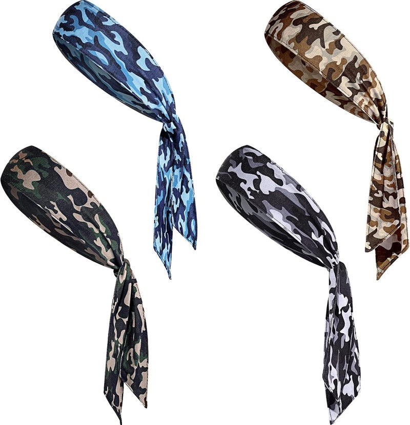 Jutom 4 Pieces Tie Headbands for Men Women Sports Bandana Hair Band Camo Headbands Elastic Sweat Wicking Karate Adjustable Non Slip Hairband for Yoga Workout Running - Image 1
